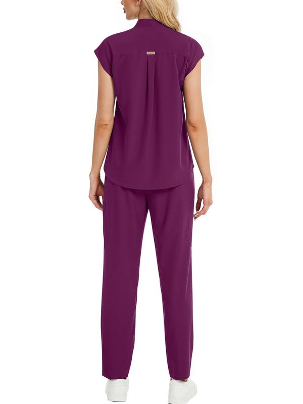 Cimmuovere Women's Solid Notched Neck Batwing Sleeve Top & Drawstring Waist Pants Two-Piece Scrub Set, Casual Cap Sleeve Top & Pocket Trousers for Summer, Vital Scrub Top, Women's Uniforms for Work, Medical Scrub Sets