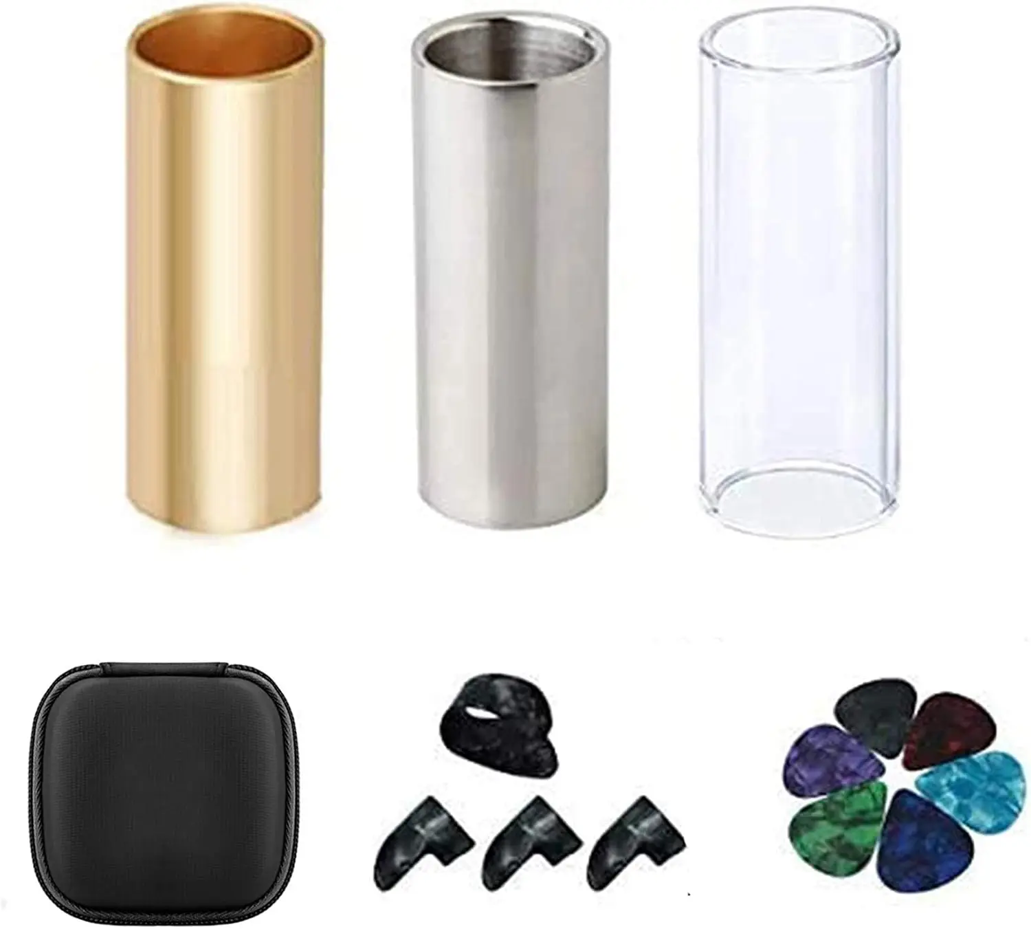 Halloween Fall Gift Guitar Slide Set with Glass, Stainless Steel & Brass Slides, Includes 6 Guitar Picks and 4 Finger Picks for Acoustic, Electric & Bass Guitar