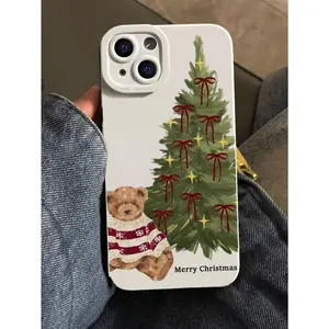 Christmas tree teddy bear pattern liquid silicone phone case, suitable for iPhone 17/16/15/14/13/12/11/X/XS/XS Max/12, 13 Mini/16E, featuring Christmas tree and teddy bear patterns, cute style, a perfect gift for boyfriend or girlfriend.