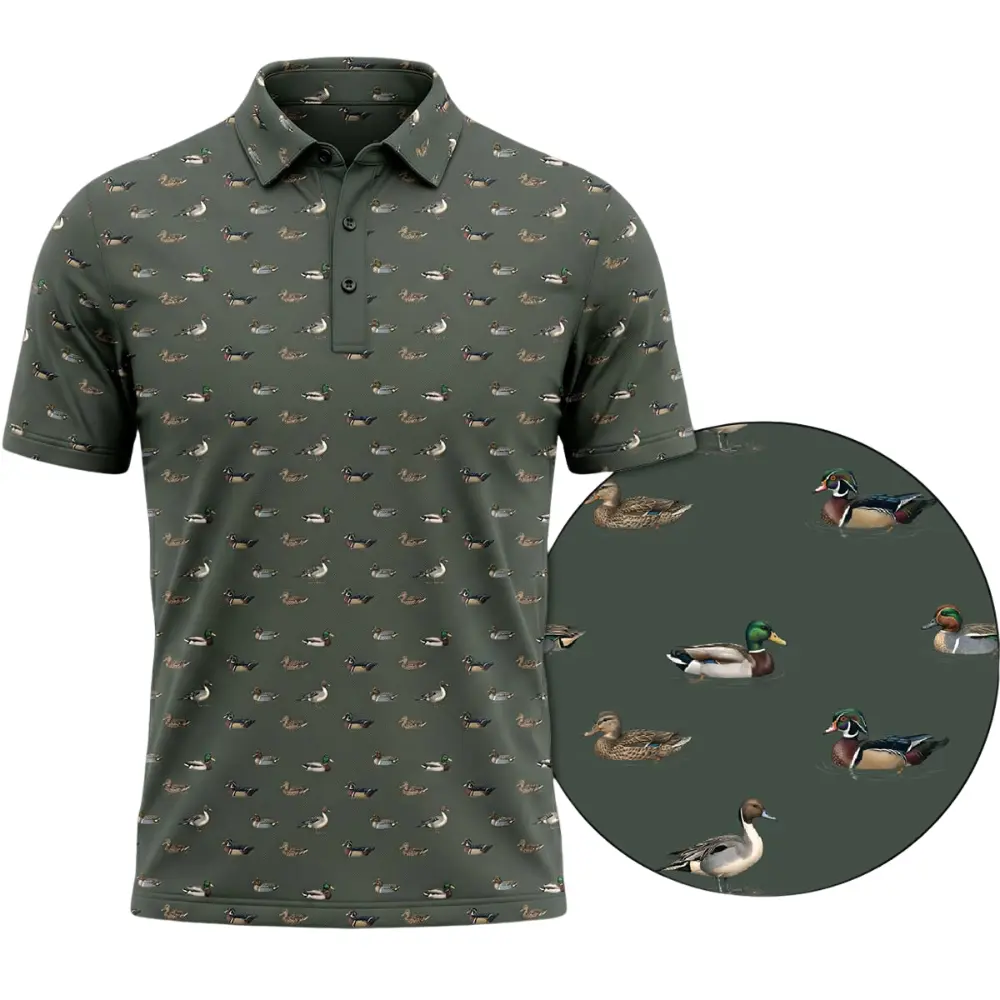 Men's Traditional Duck Hunt Graphic Polo Shirt - Classic 3-Button Sublimation Menswear, Breathable Moisture-Wick Textured Piqué Woven Men's Clothing, All-Season Short-Sleeve Streetwear Top