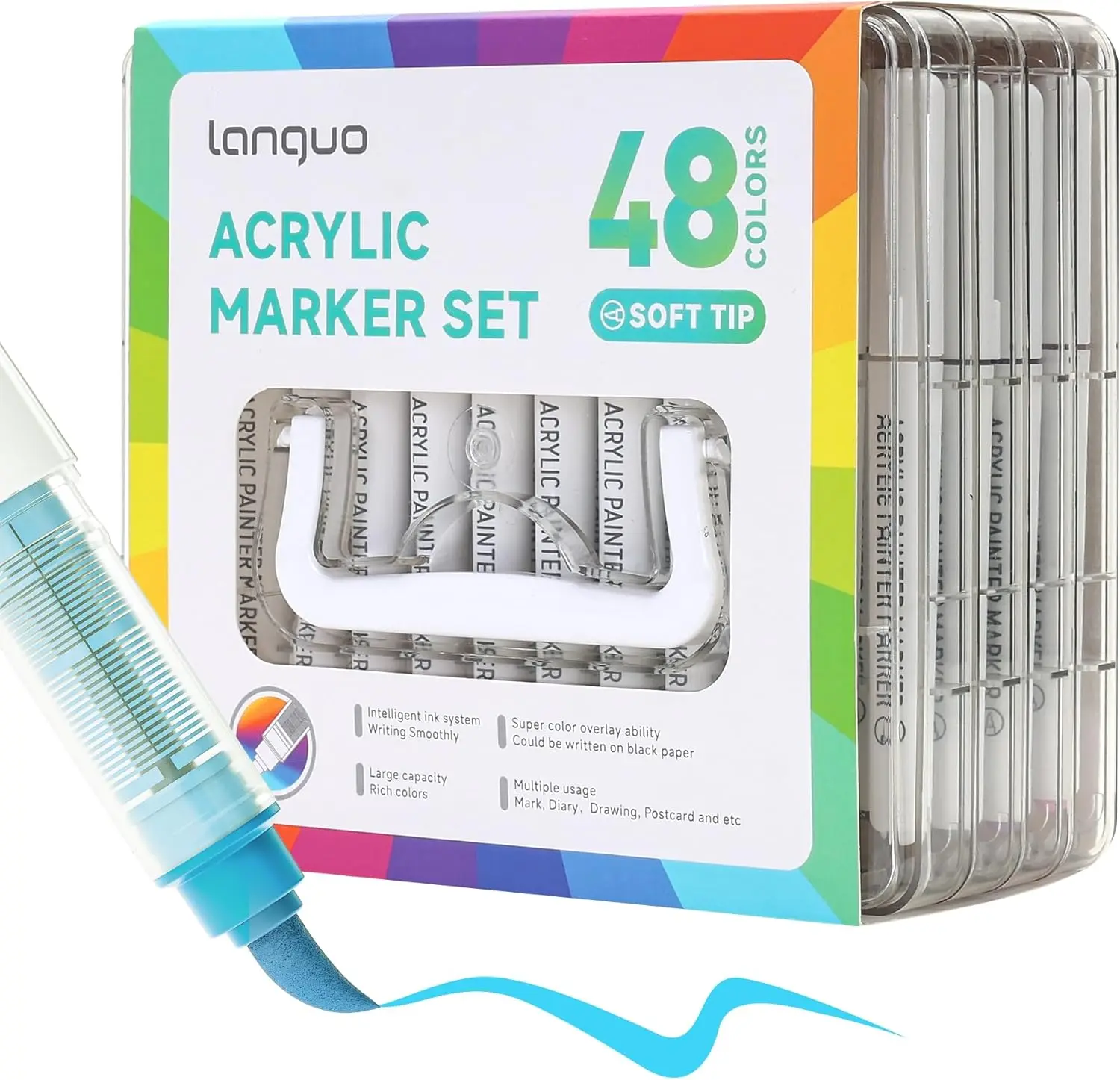 Languo 48-Color Smooth Acrylic Markers Set for Adults - Office Stationery with Soft Brush Tips, Automatic Ink Control & Canvas Bag, for Fabric Wood DIY Crafts Artist Gift