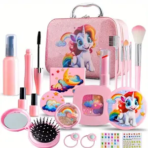 Colorful Kids Makeup Set, Portable Role Play Toy, 22/15 Piece Set Includes Powder, Blush, Lipstick, Eyeshadow, Brushes, Bag, Comb, Mirror