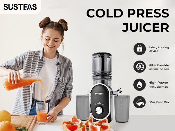 SUSTEAS Cold Press Juicer Large 5.3 Inch Feed Chute Juice Yield Up to 98% Easy to Clean with Two Filters for Whole Vegetables and Fruits