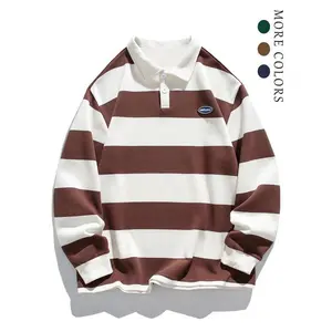 Men's Casual Striped Polo Shirt, Button Collar Design, Fashion Patched Logo, Loose Fit Style, Perfect Daily Wear & Streetwear ChoiceGift