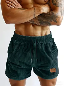Men's Casual Outdoor Shorts, Solid Color Soft Vintage Corduroy, Leather Letter Label with Pockets, Elastic Waist Drawstring, Ideal for Hiking, Beach, Summer Gift