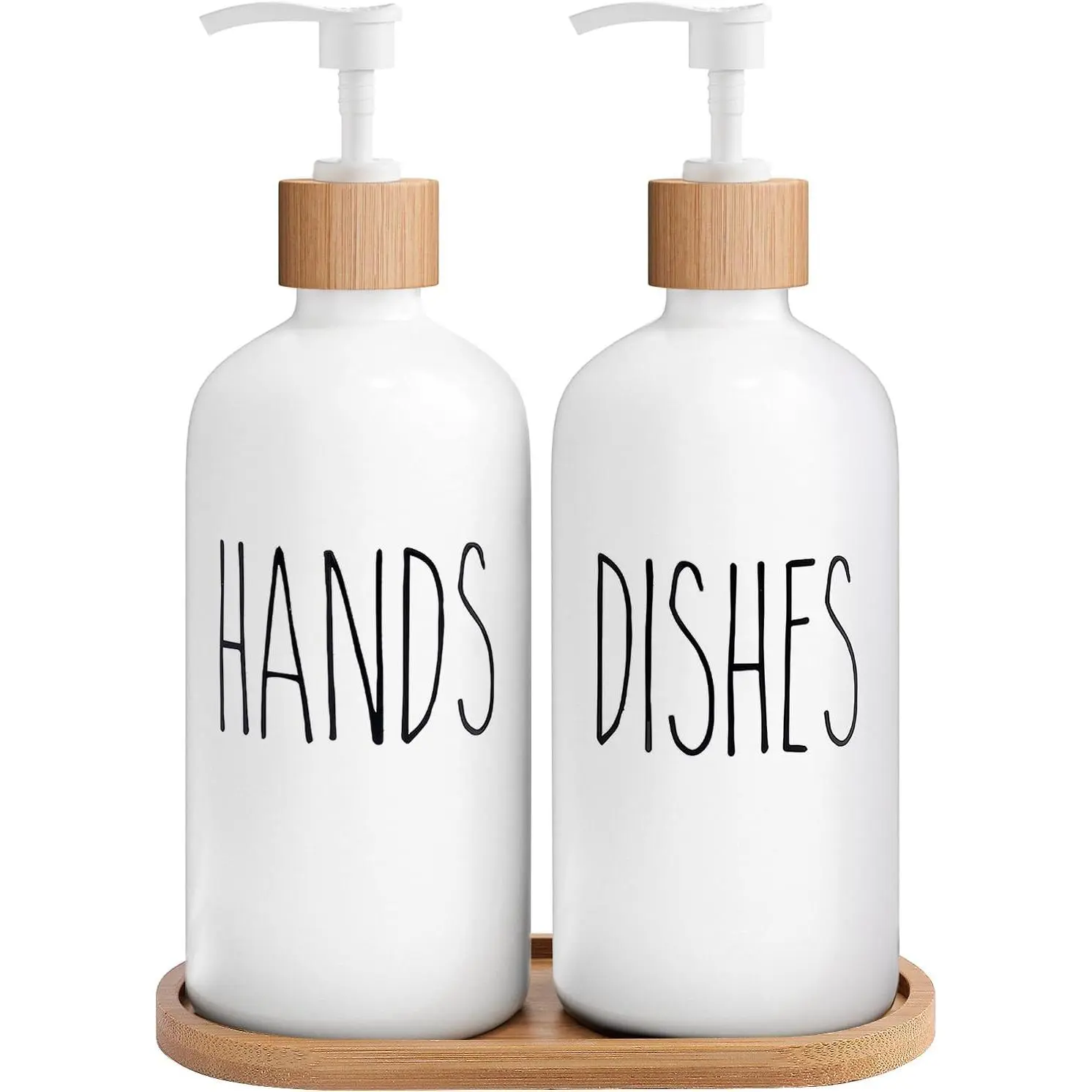 White Glass Soap Dispenser Set with HD White & Tray - Durable Pump Bottles (Hand, Dish Soap Dispensers), Decorative and Practical Farmhouse-Style Home Bathroom Gadget, Synthetic