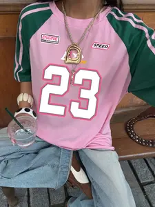 Number 23 Racing Raglan Sleeve T-Shirt for Women, Y2K Aesthetic Pink Green Color Block Striped Tee, Oversized Casual Sporty Vintage Graphic Tops, Daily Wear, School, Shopping, Date Night, Retro Racing Style for Teen Girls, Gen Z Fashion