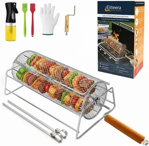 ELITEERA Rolling Grill Basket with Removable Skewers, 304 Stainless Steel BBQ Grill Basket for Vegetables, Shrimp & Kabobs, Rotating Grill Accessory for Outdoor Grill, Camping & Gifts for Dad