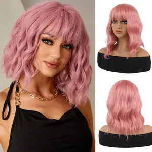 Short wavy pink bob wig with bangs, shoulder-length wig, curly wave style, synthetic material, suitable for women, cosplay wig, Halloween wig