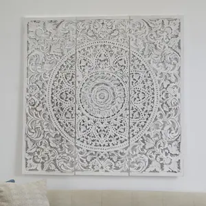 Set of 3 Floral White Wooden Handmade Intricately Carved Home Wall Decor with Mandala Design