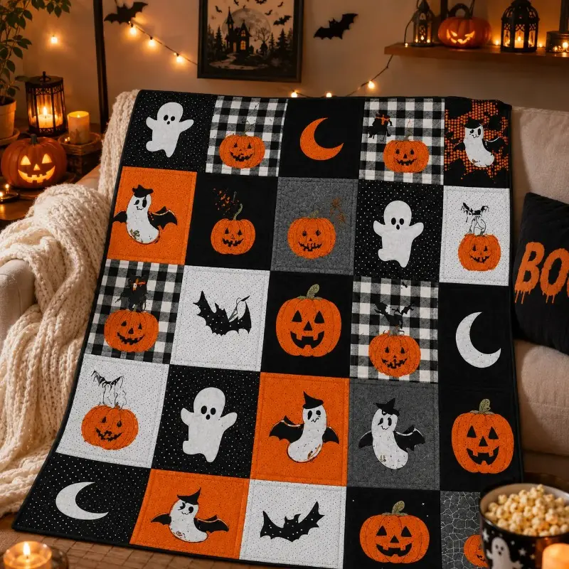 Farmhouse Look Spooky Season Patchwork Quilt Throw Blanket - Buffalo Plaid, Ghost Pumpkins, Bat, Moon Print - Cozy Home Décor for Couch & Bed