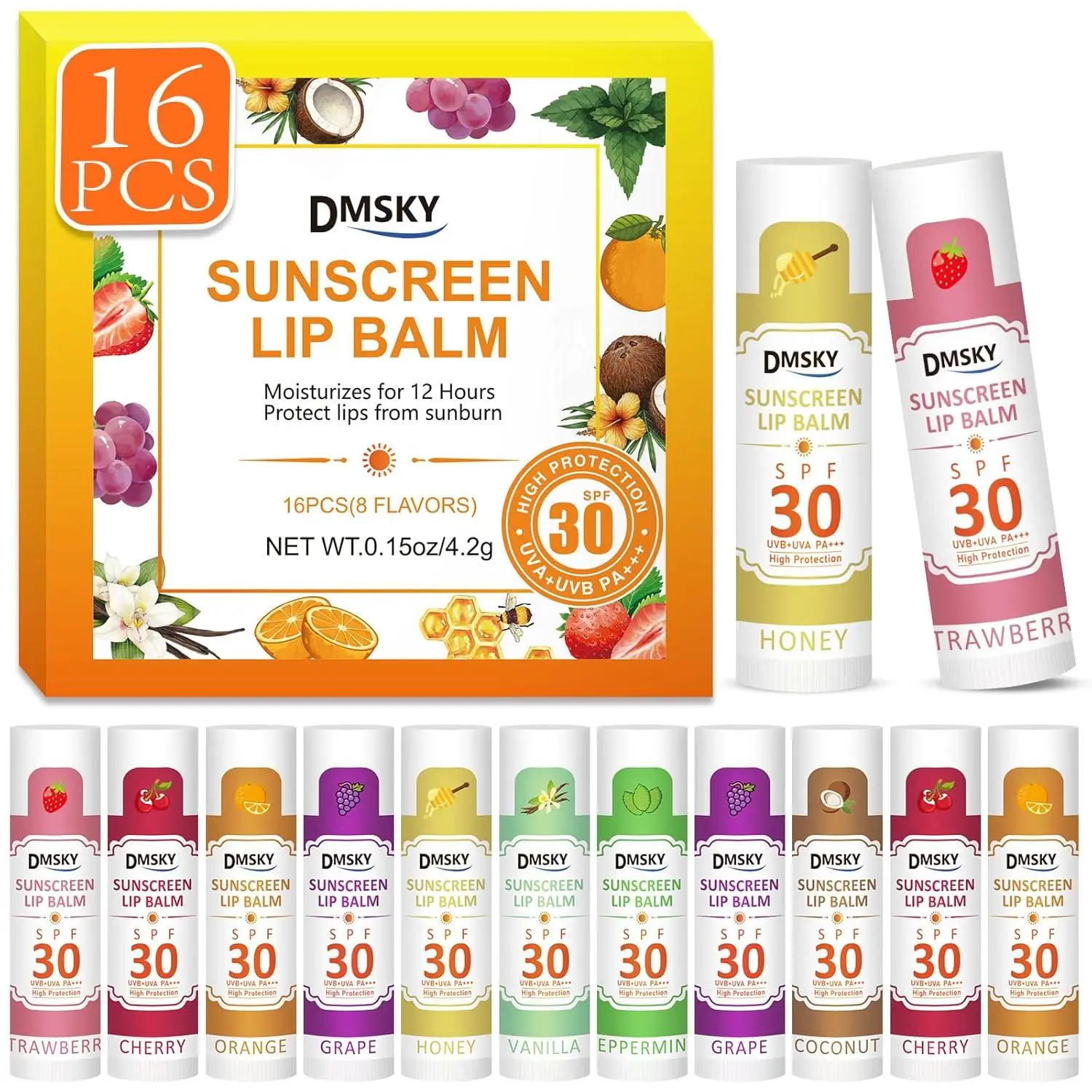 16 Pack SPF 30 Sunscreen Lip Balm Bulk, 8 Flavors | No White Cast, Moisturizing Dry Chapped Lips with Vitamin E & Coconut Oil, Broad Spectrum Sun Protection Beach Essentials