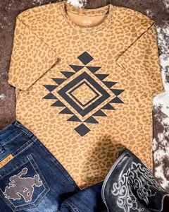 Women's Vegas Aztec Graphic Streetwear Shirt, Brown Leopard Print, Short-Sleeve Rayon Fabric T-Shirt