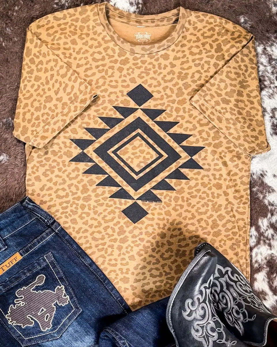 Women's Vegas Aztec Graphic Streetwear Shirt, Brown Leopard Print, Short-Sleeve Rayon Fabric T-Shirt