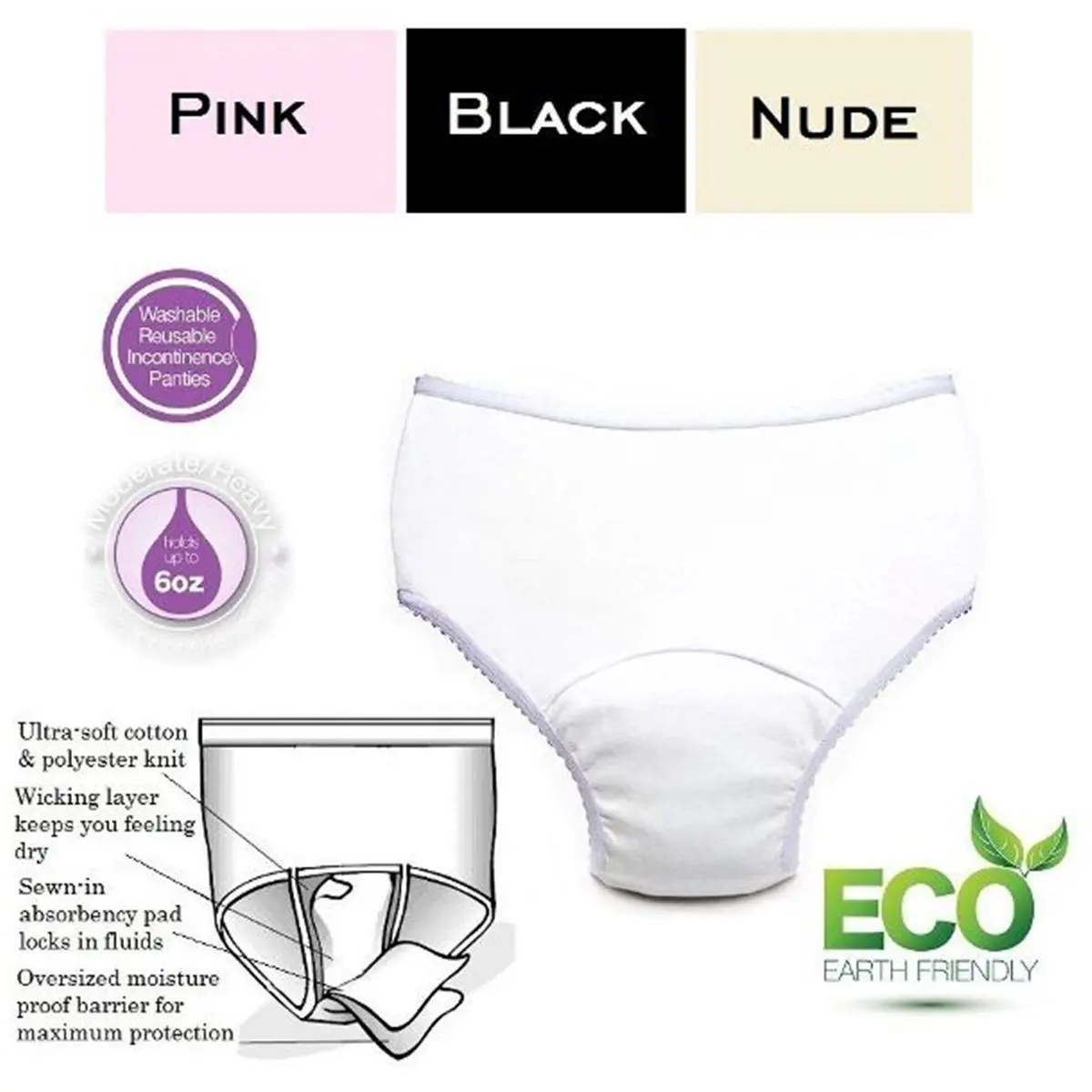 212 MAIN Women's Loose Extra Large Oversized Cotton Reusable Incontinence Panty - Pack of 3, 6 oz, Assorted Colors, Knit Polyester Blend Fabric, Absorbent Pads, Breathable Panty, Casual Breathable Knicker for Daily Use