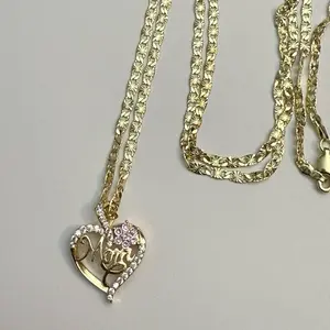 MOTHER DAY Mom Heart Necklace with Rose Love Chain, Gold-Plated, Available in Sizes 18”, 21”, 24” Inches, Clear Stones