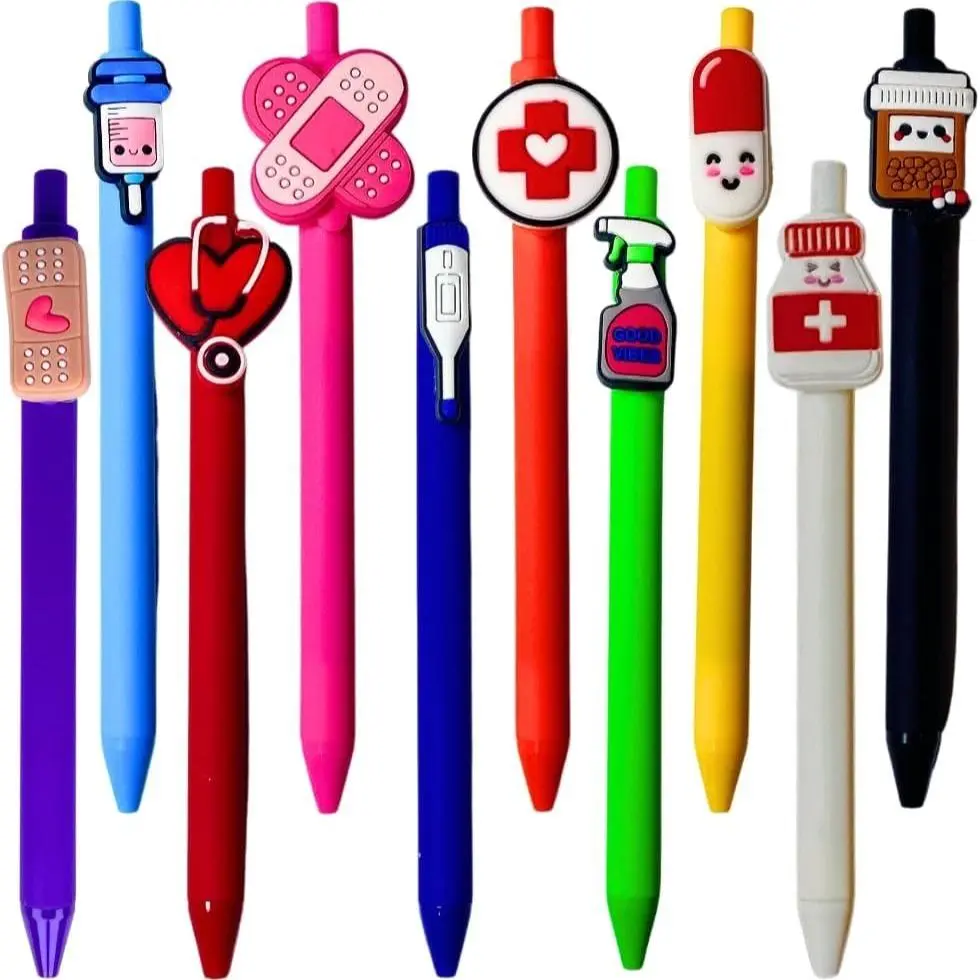 Nurse Themed Ballpoint Pen, 10pcs/set Retractable Design Ball Point Pens with Pocket Clip, Writing Pen for Nurse, Office Stationery & Supplies, Ballpoint Pen Kit