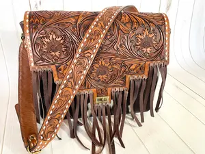 Scottsdale Tooled Dark Brown Leather Fringe on Hide Satchel Bag