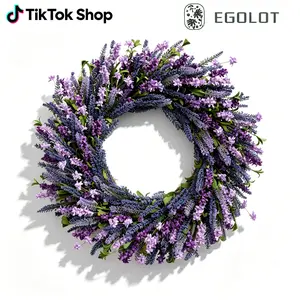 Egolot 26-Inch PVC & Wood Lavender Forsythia Flower Wreath, Rustic Farmhouse Purple Artificial Floral Wreath for Front Door, Porch Decoration, Indoor Outdoor Wall Ornaments (Spring Summer Use)