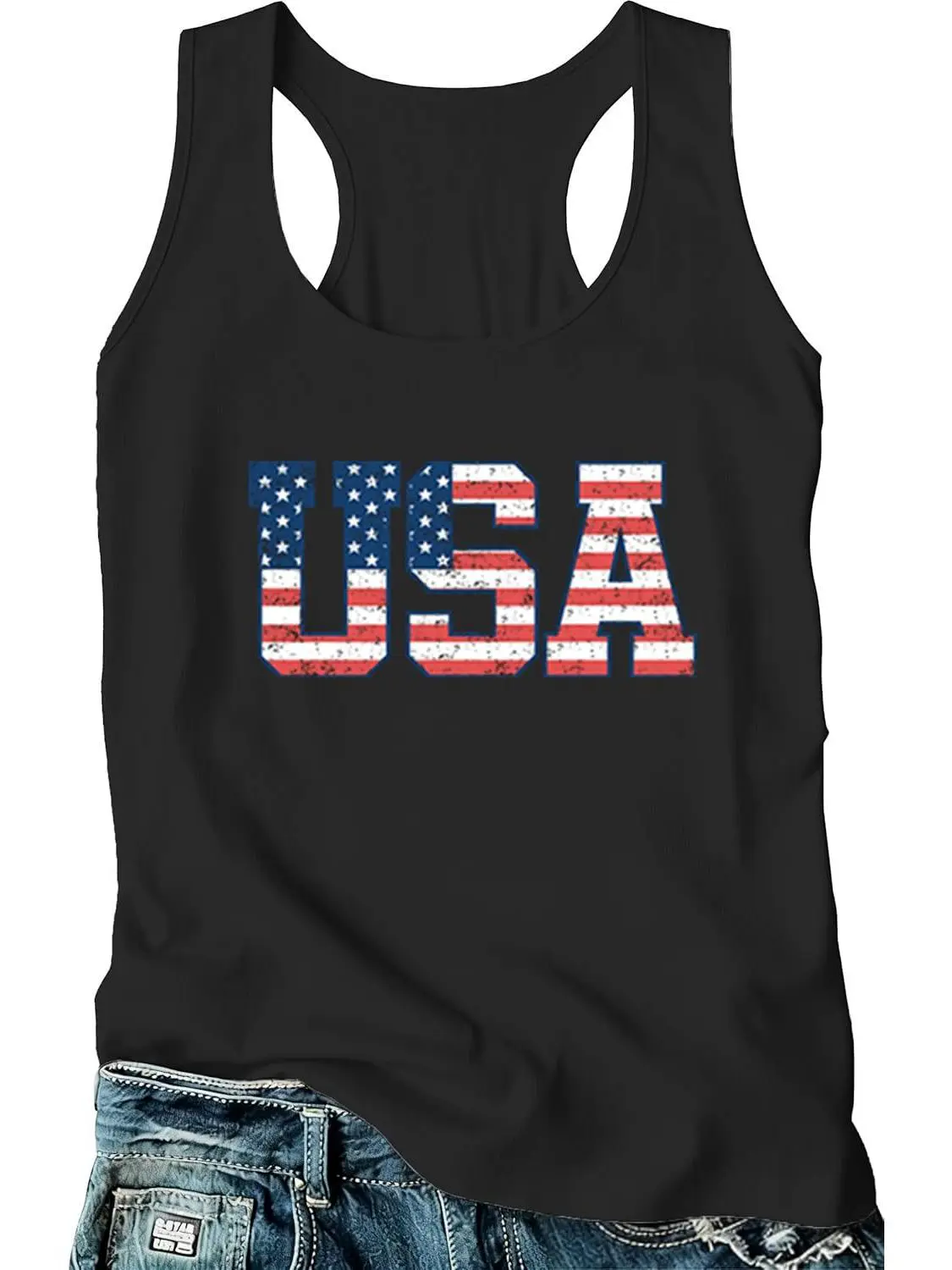 Women's USA Tank Top Shirt 4th of July American Flag T-Shirt Patriotic Racerback Sleeveless Vest Tee Tops Casual Womenswear Fashion