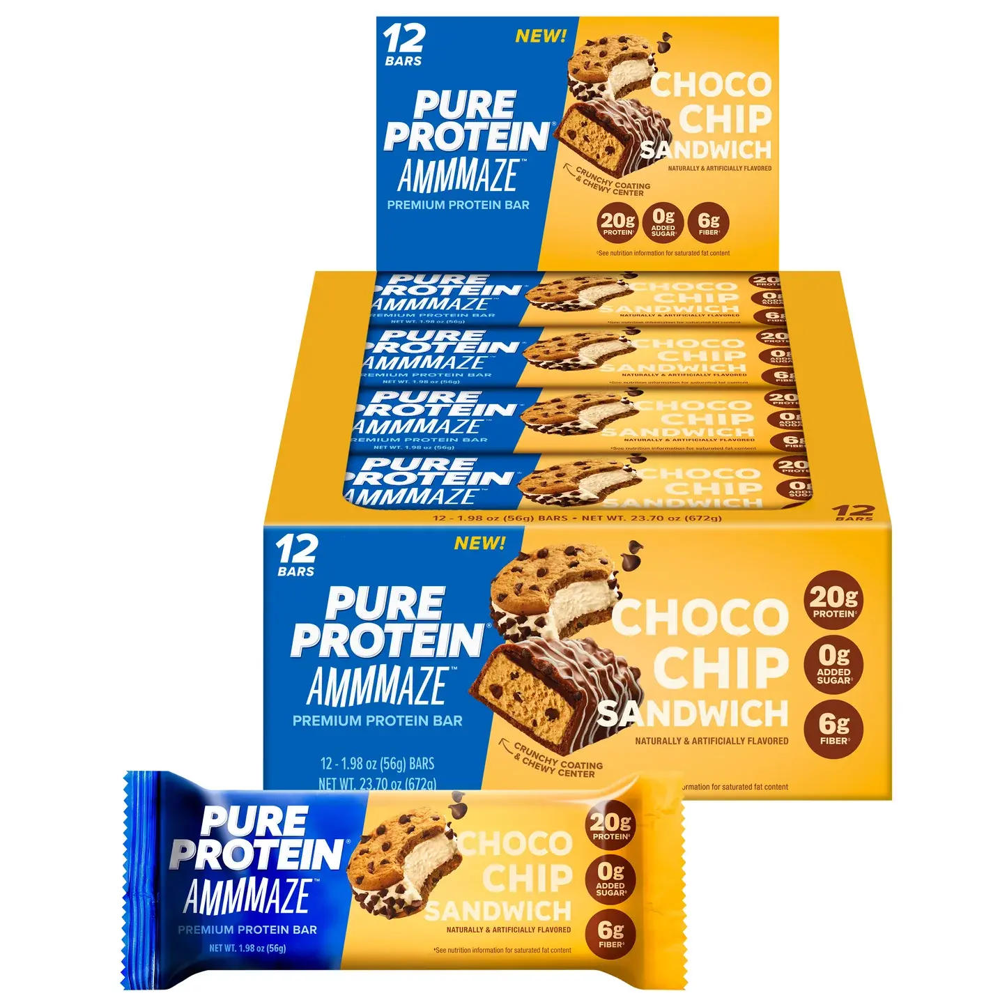 Pure Protein AMMMAZE Choco Chip Protein Bars (12 ct) 20g High Protein, No Added Sugar, 6g Fiber - Choco Chip Sandwich Meal Replacement Bar - On the Go Snacks
