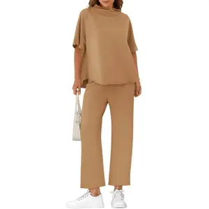 Goranbon Women's Two Piece Outfits Crew Neck Pullover Tops 3/4 Batwing Sleeve Capelet Wide Leg Pants Casual Lounge Set