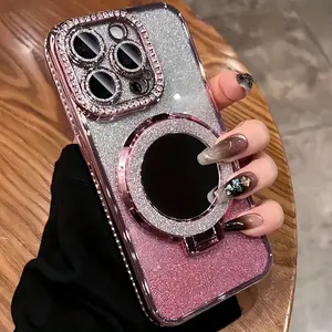 A Luxurious And Shiny Diamond Mirror Magnetic Phone Case That Fully Covers The Lens, Suitable for Apple Iphone 16, 15, 14, 13, 12, And 11 Pro Max. It Features a Transparent, Shockproof Soft Rubber Back Cover, Making It a Perfect Gift for Couples.