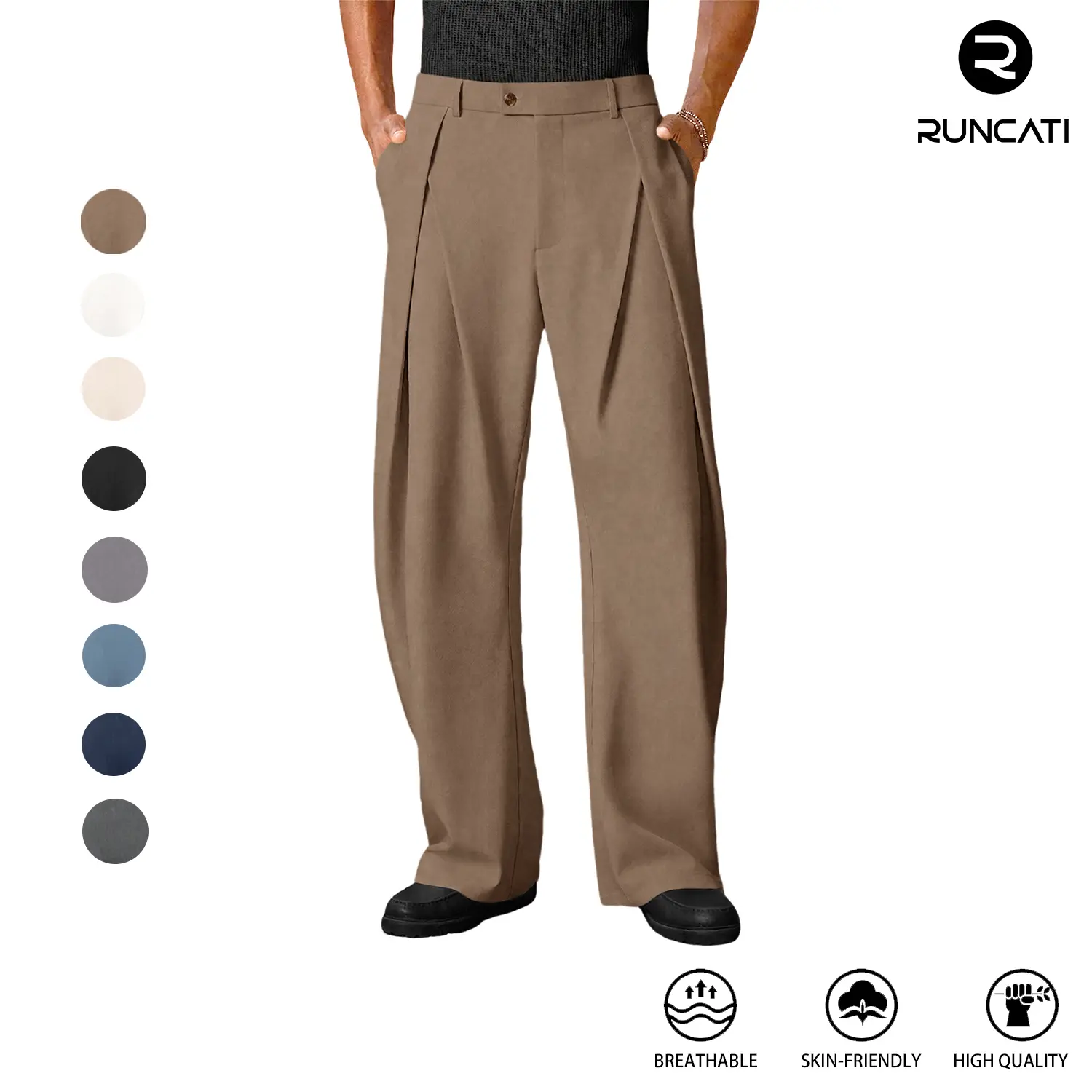 Runcati Mens Baggy Wide Leg Dress Pants Pleated Zipper Fly Casual Elastic Waist Trousers Relaxed Fit Work Business Slacks suit trousers