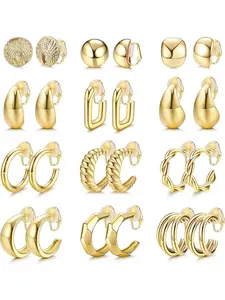 12 Pairs of Clip on Hoop Earrings for Women Gold Ear Clips Thick Round Swivel Hoop Earrings Fake Earrings Without Piercing Trendy Jewelry Trend Jewelry Gifts Hoop Earring Sets