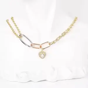 14K Necklace White & Rose Gold Plated Tri-Color with Heart Charm Modern Fashion Jewelry for Women Bold Statement Piece Gold Pendant