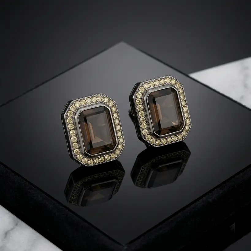 Certified Brazilian Smoky Quartz & Diamond Halo Earrings | Rhodium Plated 925 Silver | The Divine Aurora