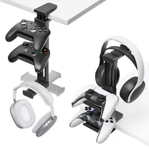 Controller Holder & Headphone Stand Under Desk with Adjustable Clamp, Adjustable Mount Bracket, Controller Stand&Headset hanger for Desk Mount with 360° Rotating Hook & Cable Organizer, 3-in-1 Gaming Accessories Organizer