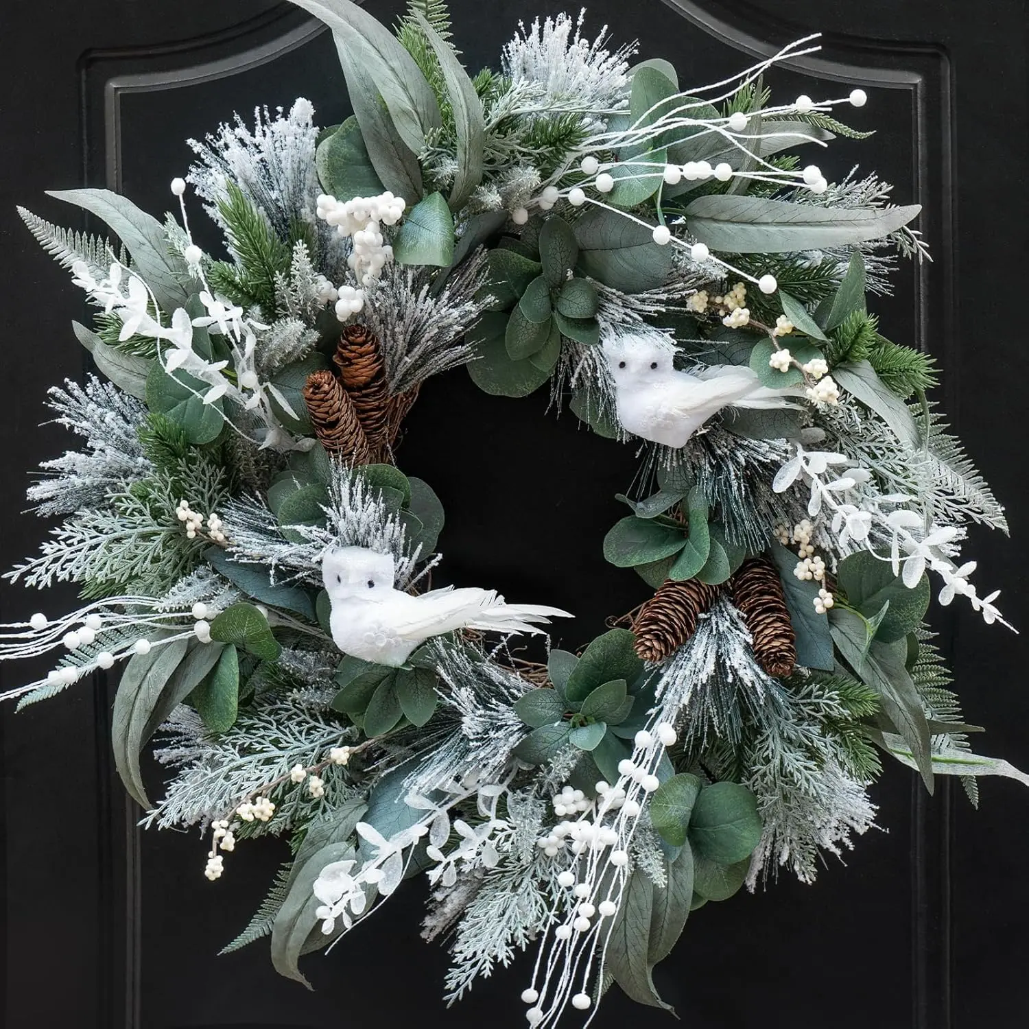 Winter Wreath 24 Inch with White Owl Pine Cones Cedar for Front Door Outdoor Fireplace Wall Decor Gift for Her