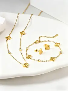 Elegant Gold Plated Clover Matching Jewelry Set, 3Pcs Dainty Quatrefoil Charm Necklace Bracelet Earring Set, Stainless Steel Daily Wear Accessory