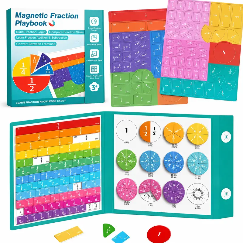 2026 Magnetic Math Fraction Set with 102 Pieces, Magnetic Fraction Book, Tiles & Fraction Circles for Hands-On Skills and Core Math Foundations, Compact Book-Style Design (1)