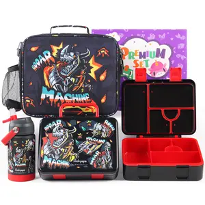 rockpapa 5 Compartment Bento Lunch Box for Kids with Uensils & Insulated Water Bottle & Lunch Bag with Strap, BPA-Free Lunch box Containers Set for School Boys Girls Ages 3+ (Black Dinosaur)