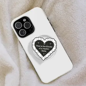 This is the Kindle of a Reader Bella Phone Holder, Aesthetic Black Heart Grip, Gothic Coquette Bookish Gift, Cute Ruffle Heart Stand, Kindle