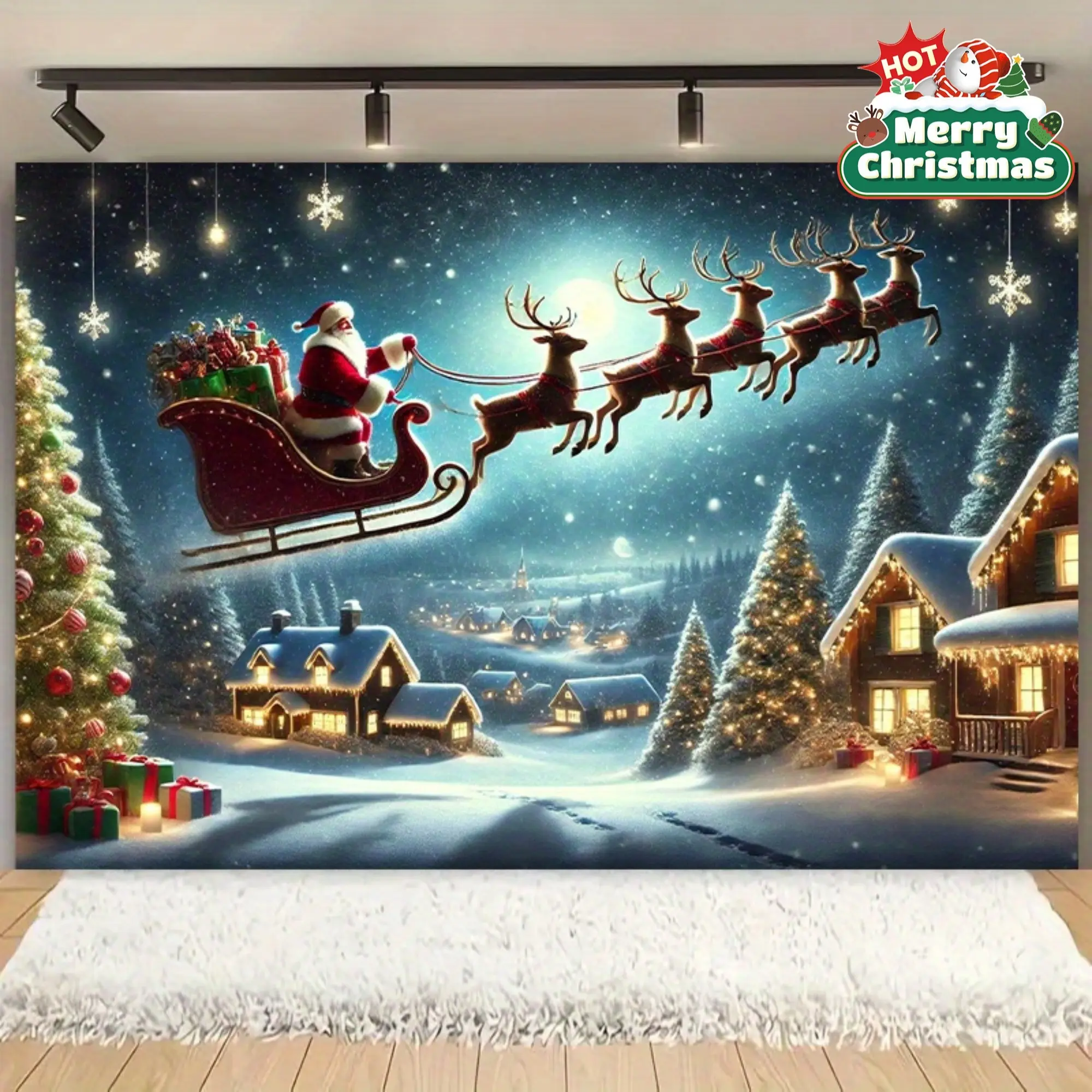 Santa Claus Sleigh Geometric Vibrant Christmas Polyester Wall Hanging Backdrop Banner - Multi-Sizes, Ideal for Anniversary, Birthday Party Decoration Supplies, Gift Option