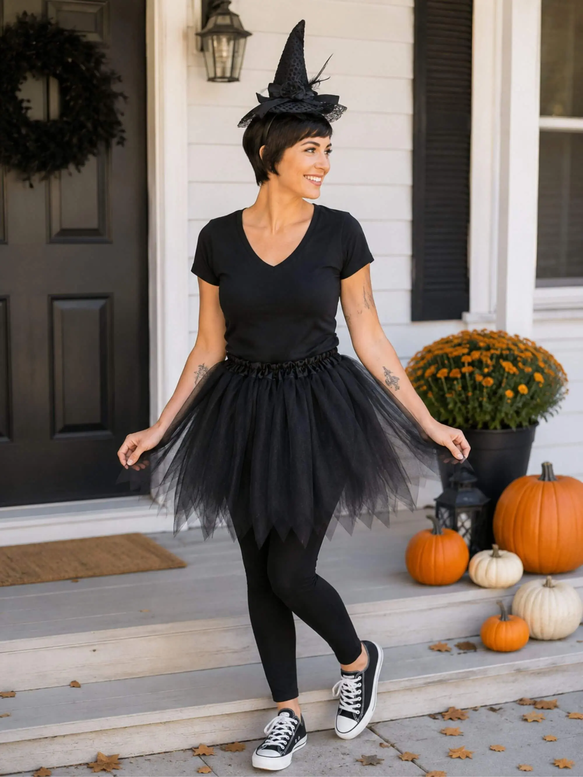 Women's Black Pixie Witch Costume Set for Adults & Plus Size – Tutu Skirt & Headband Hat – Magical Outfit for Halloween & Cosplay