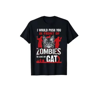 Men Black Zombie Apocalypse Cat Lover T Shirt Funny I Would Push You in Front of Zombies to Save My Cat Graphic Tee Soft Breathable Retro Shirt for Gym Outdoor Casual Wear Suitable Gift for Cat Enthusiasts and Horror Fans
