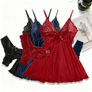 3pcs Lingerie Set for Women Sheer Mesh & Lace Nightgown In Strappy, Adjustable, Intimate Sleepwear for Home, Hotel & Valentine's., Romantic Intimate Apparel,Lace Lingerie, Sheer Nightdress