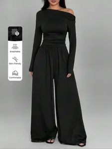 Women's Solid Color Knit Casual Asymmetrical Shoulder Long Sleeve Ruched Pleated Loose Straight Leg Jumpsuit, Comfortable, Breathable and Stylish One-Piece