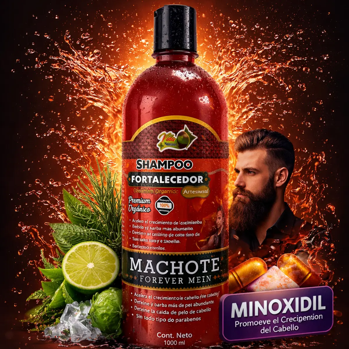 MACHOTE Hair & Beard Strengthening Haircare Shampoo (1L/33.9 Fl Oz) with Minoxidil, Biotin, Collagen, Bergamot, Menthol - Gentle, Herbal, Lightweight Cleansing Botanical Cleanser for Fuller, Stronger Hair, Daily, Anti-Hair Loss