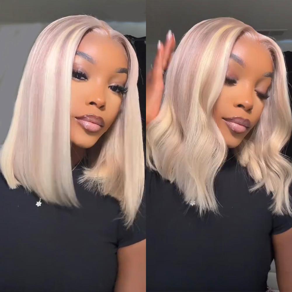 Megalook Blonde Highlight Straight Bob Wigs 5x6 Lace Closure Human Hair Glueless Bob Wig for Black Women Put On Go Begin