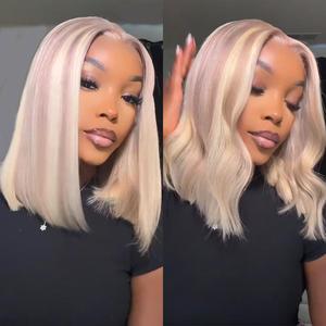 Megalook Blonde Highlight Straight Bob Wigs 5x6 Lace Closure Human Hair Glueless Bob Wig for Black Women Put On Go Beginner Friendly