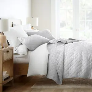 Stripes Floral and Diamonds Quilted Coverlet Set With Shams - Becky Cameron, Diamond Stitch / Light Gray, Twin/Twin Extra Long