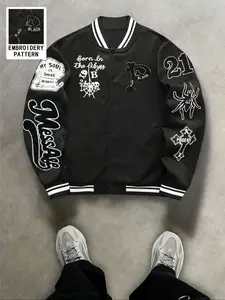 Men's Regular Fit Letter Embroidered Baseball Collar Jacket, Casual Fashion Bomber Jacket for Daily Outdoor Wear, Men Clothing for Fall Outfits & Winter Outfits, Coats, Casual Trendy Coat