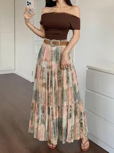 Women's Boho Ethnic Print Skirt, High Waist Pleated Cake Dress, Summer Beach Vacation Daily, Elegant Long Skirt for Girls