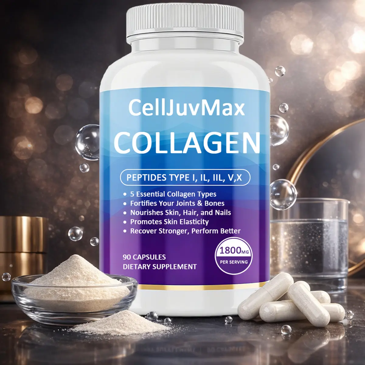 Collagen Peptides Complex – 5 Types, 1800mg – Skin, Hair & Joint Support – 90 Capsules