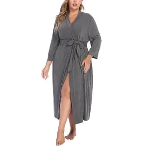 Women’s plus-size kimono robe, long knit bathrobe with V-neck, lightweight soft loungewear sleepwear (1X–5X), adjustable, anniversary gift, elegant fit, pockets, straps, black V-neck